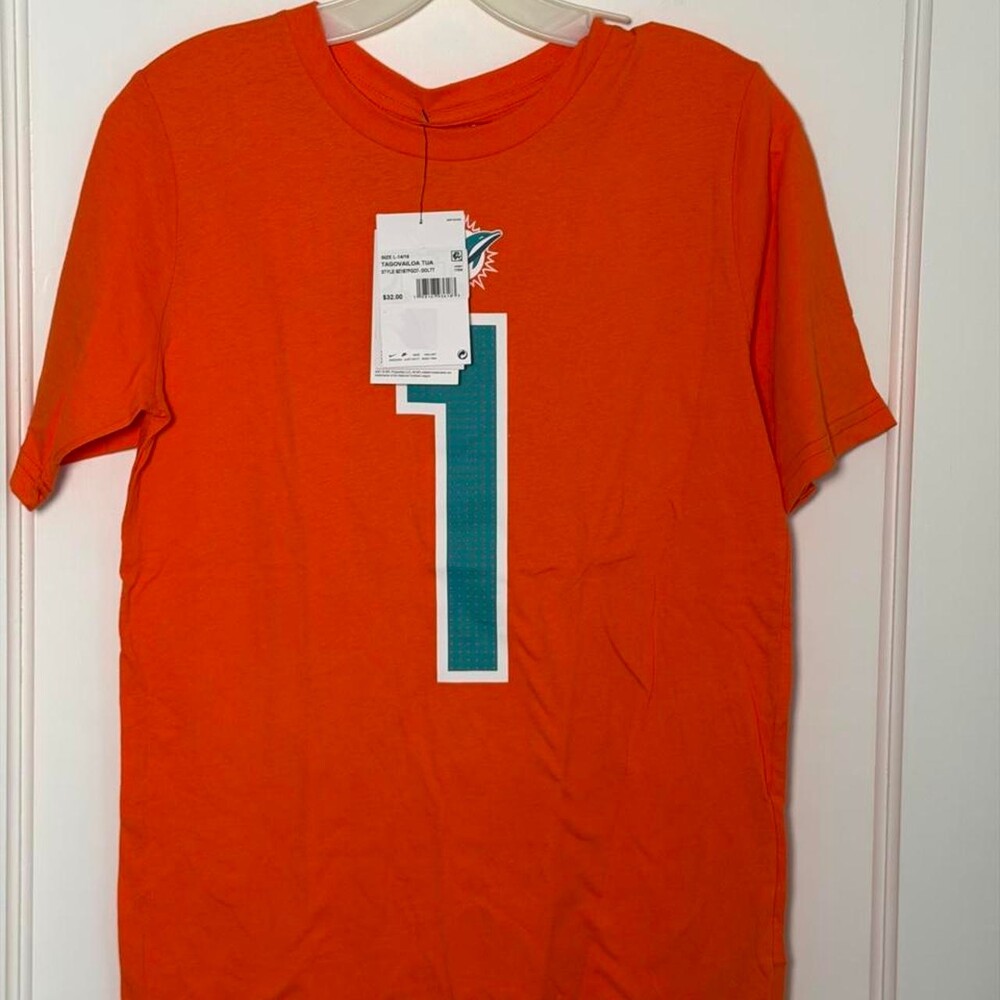 Nike Miami Dolphins Youth Nike Tagovailoa T-Shirt Orange with white text reading